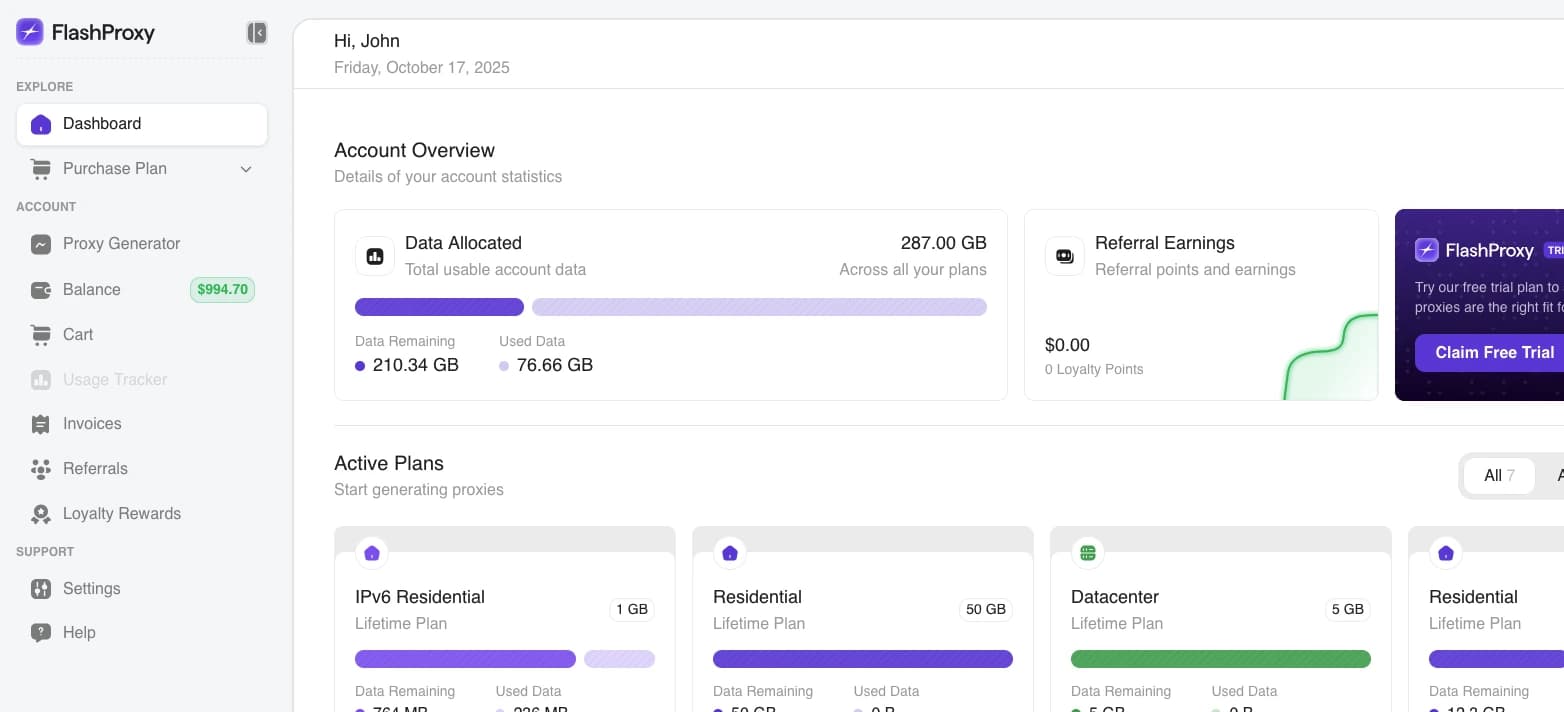 FlashProxy dashboard showing account overview with data allocation and active plans