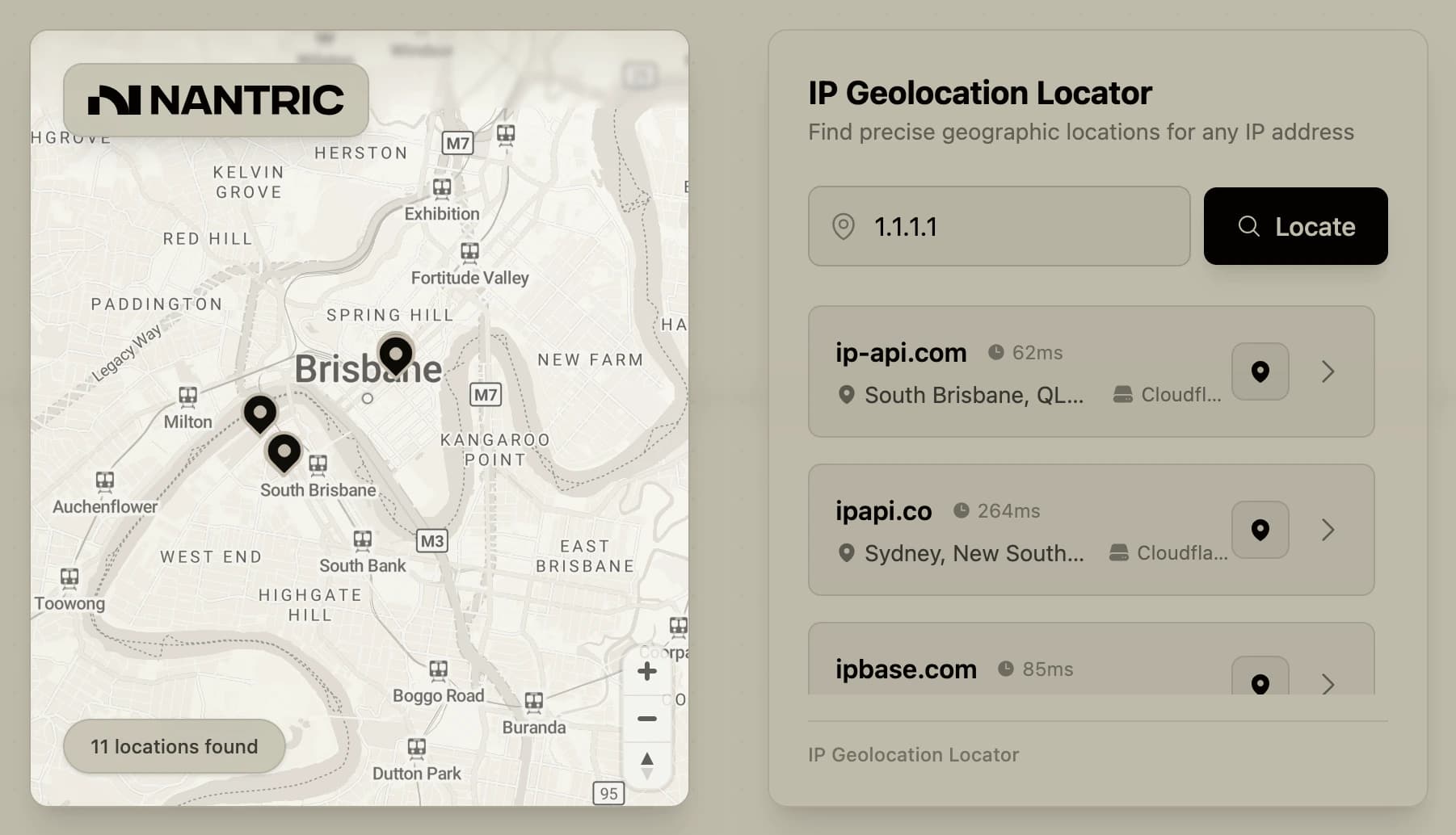 ReflexIP preview showing a map with geolocation results