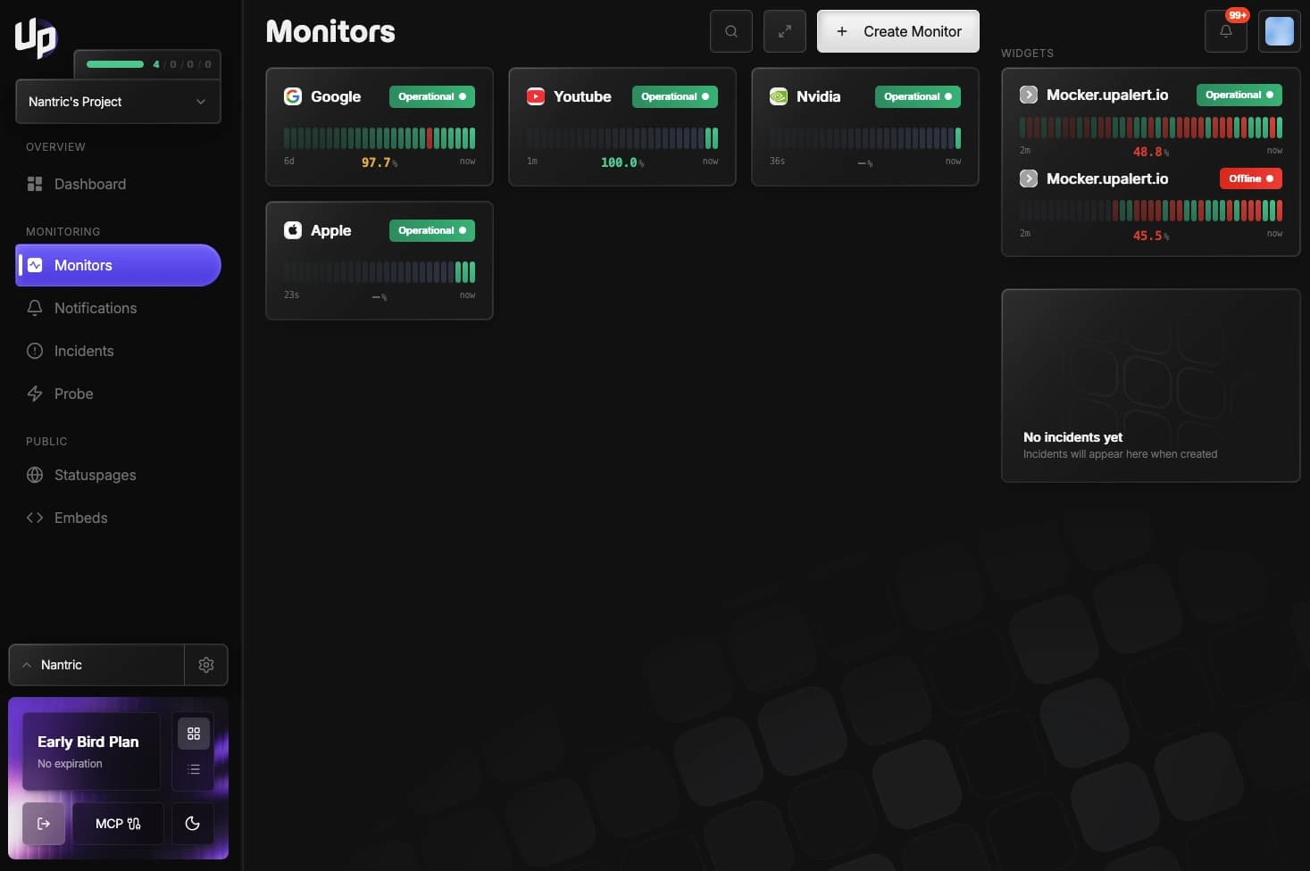 UpAlert dashboard showing real-time uptime monitoring with Grafana-style visualizations